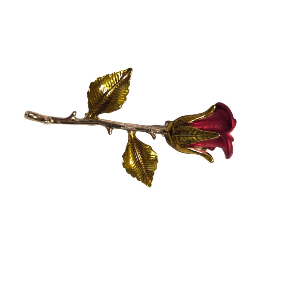 Gold-Tone Shiny Red Rose Brooch